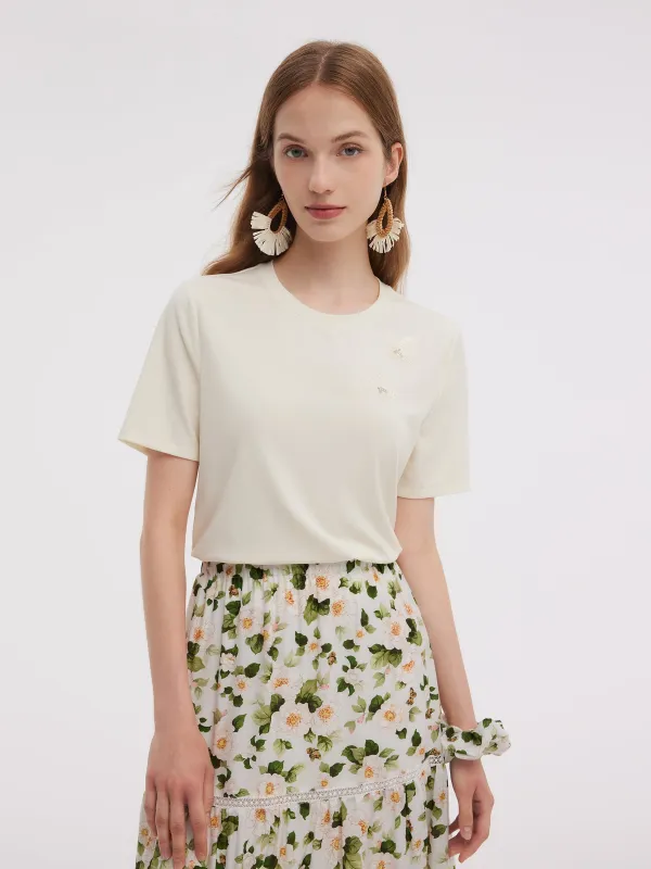 Tencel Blend Butterfly Sequined Embroidered Women T-Shirt sold by Goelia