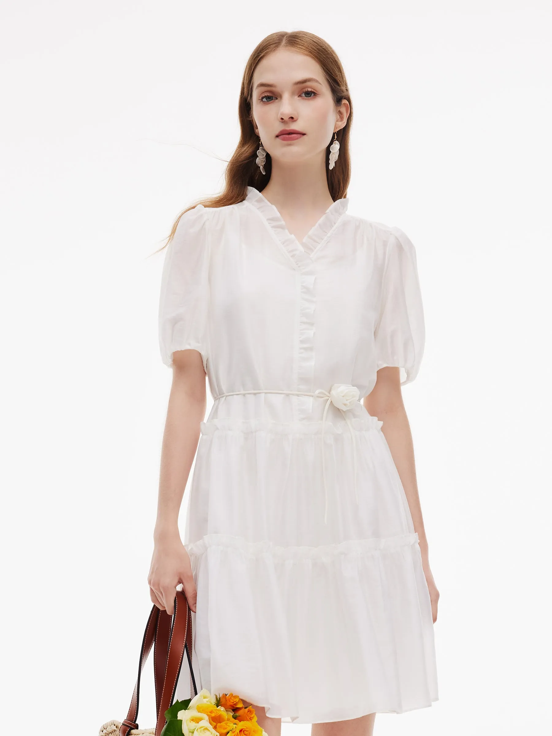 Tencel Blend Ruffle V-Neck Women Mini Dress With Slip Dress sold by Goelia