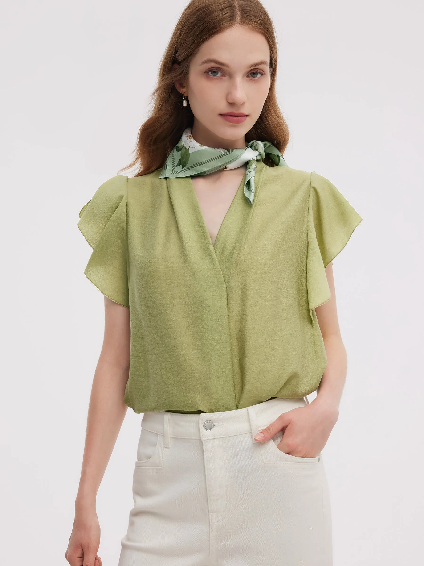 Acetate Blend V-Neck Women Ruffle Sleeve Blouse sold by Goelia