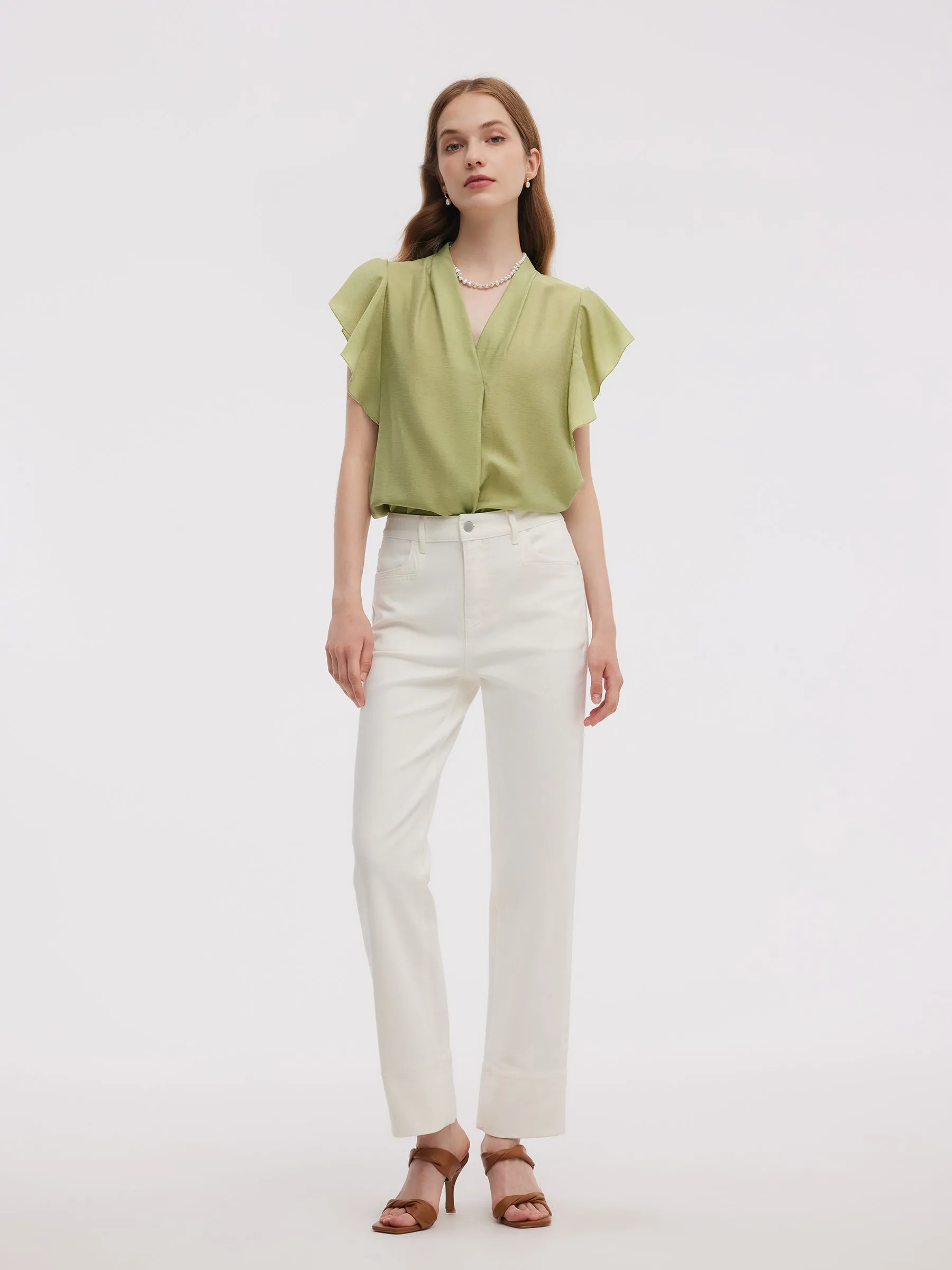 Acetate Blend V-Neck Women Ruffle Sleeve Blouse sold by Goelia product image thumbnail 3