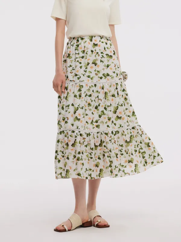 Acetate Blend Floral Print Women Tiered Skirt sold by Goelia