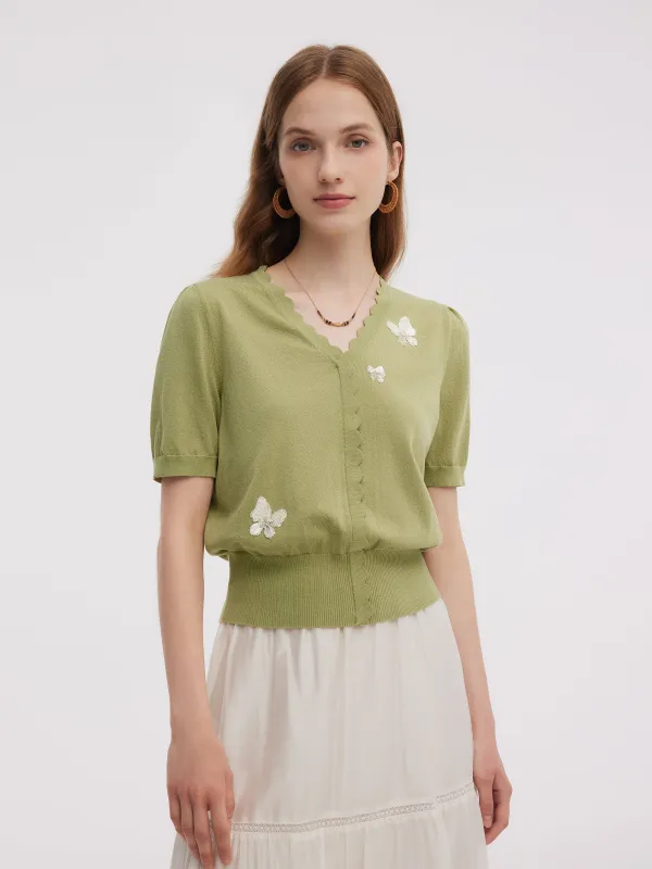 Tencel Blend Butterfly Embroidered Women Knit Top sold by Goelia