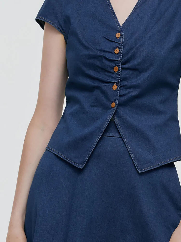 Denim V-Neck Top And Midi Skirt Two-Piece Set sold by Goelia product image thumbnail 5