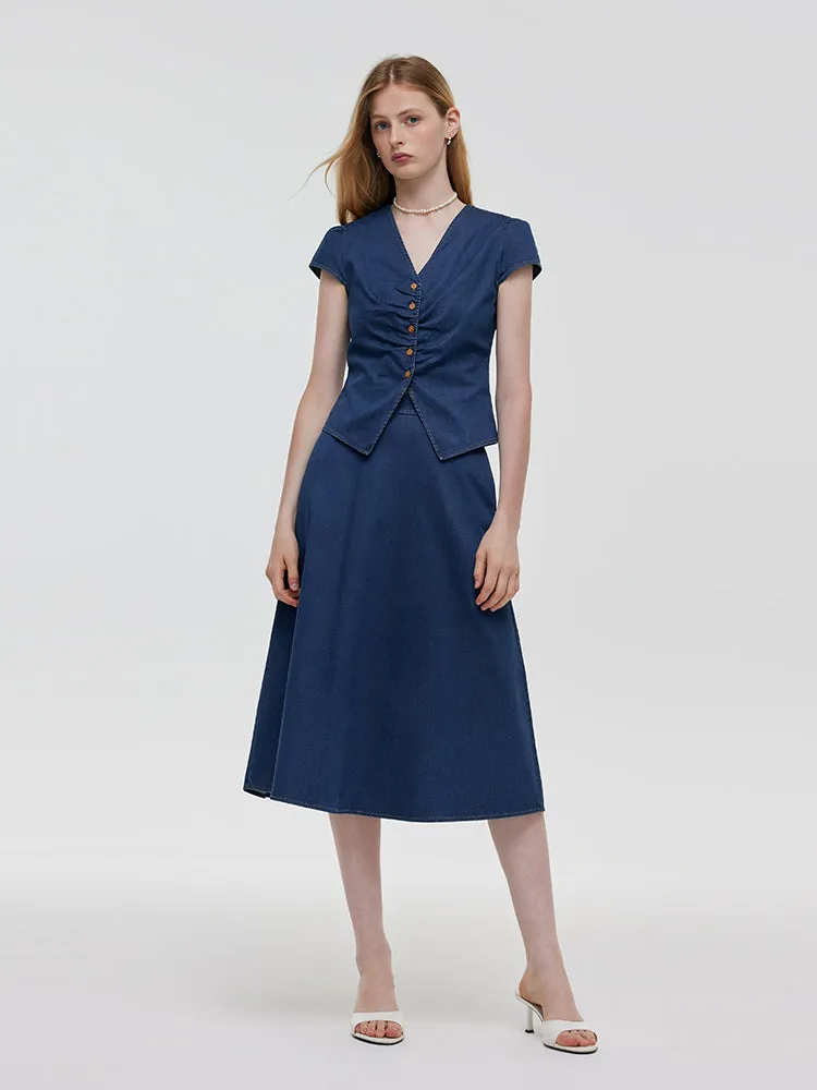 Denim V-Neck Top And Midi Skirt Two-Piece Set sold by Goelia product image thumbnail 2