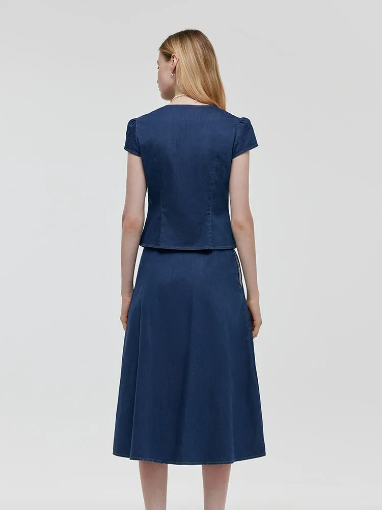 Denim V-Neck Top And Midi Skirt Two-Piece Set sold by Goelia product image thumbnail 3