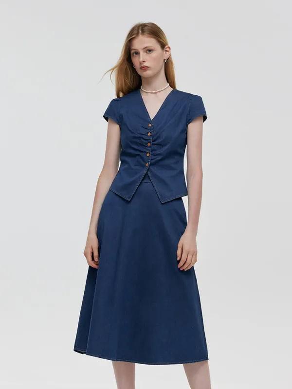 Pre-Order Denim V-Neck Top And Midi Skirt Two-Piece Set sold by Goelia