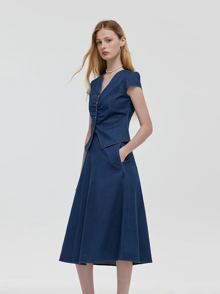 Denim V-Neck Top And Midi Skirt Two-Piece Set sold by Goelia product image thumbnail 4