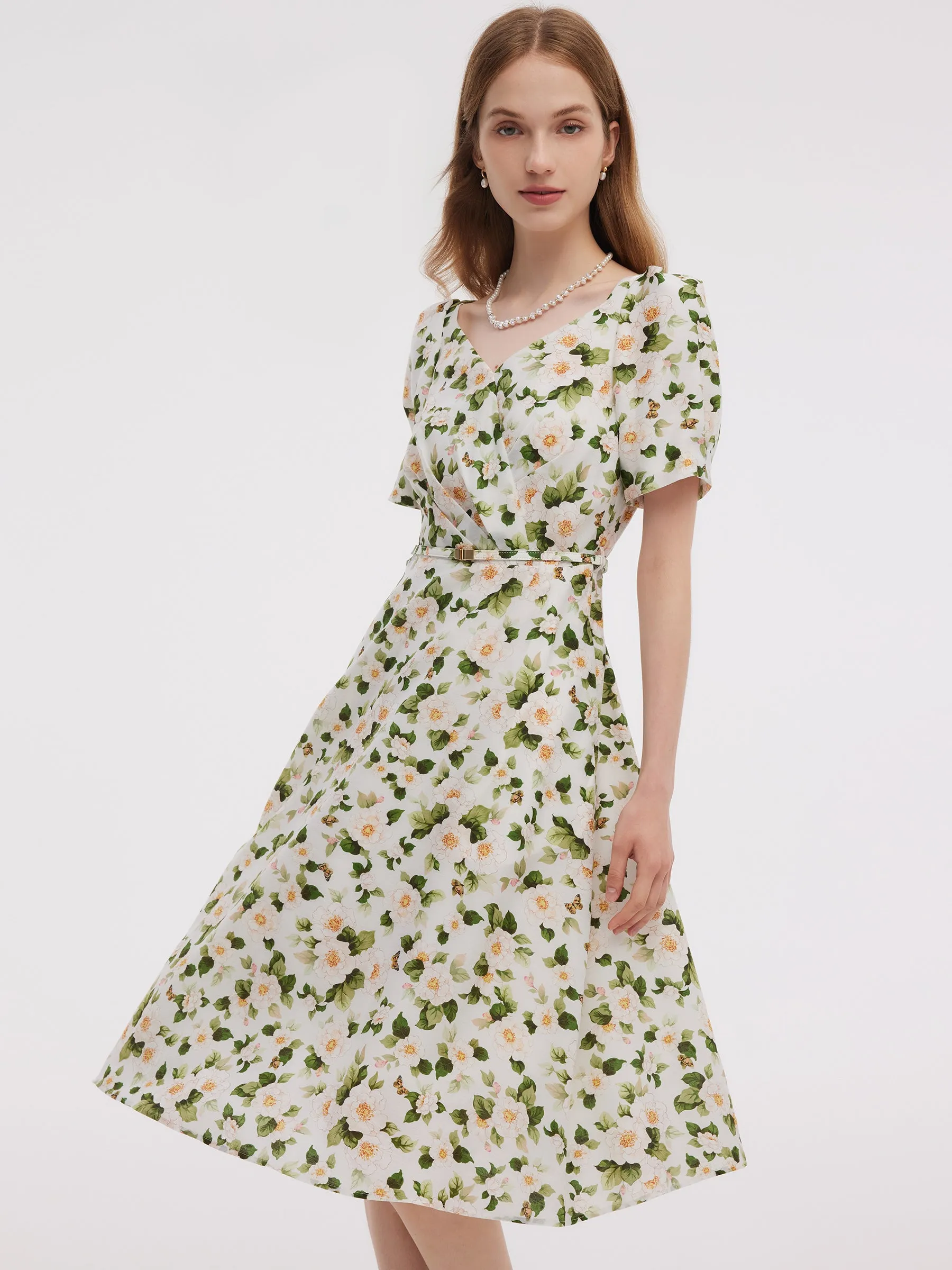 Acetate Blend Floral Print Women V-Neck Midi Dress With Belt sold by Goelia product image thumbnail 5