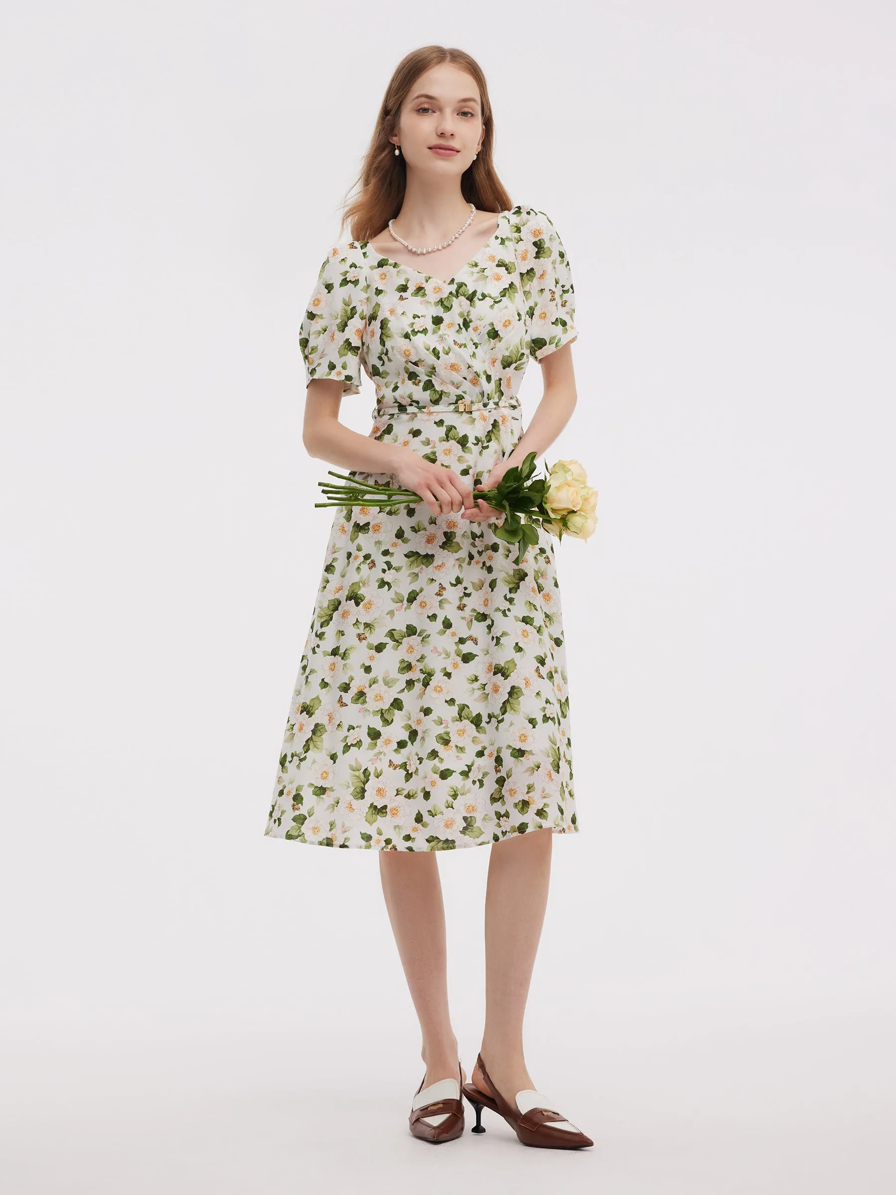 Acetate Blend Floral Print Women V-Neck Midi Dress With Belt sold by Goelia product image thumbnail 2