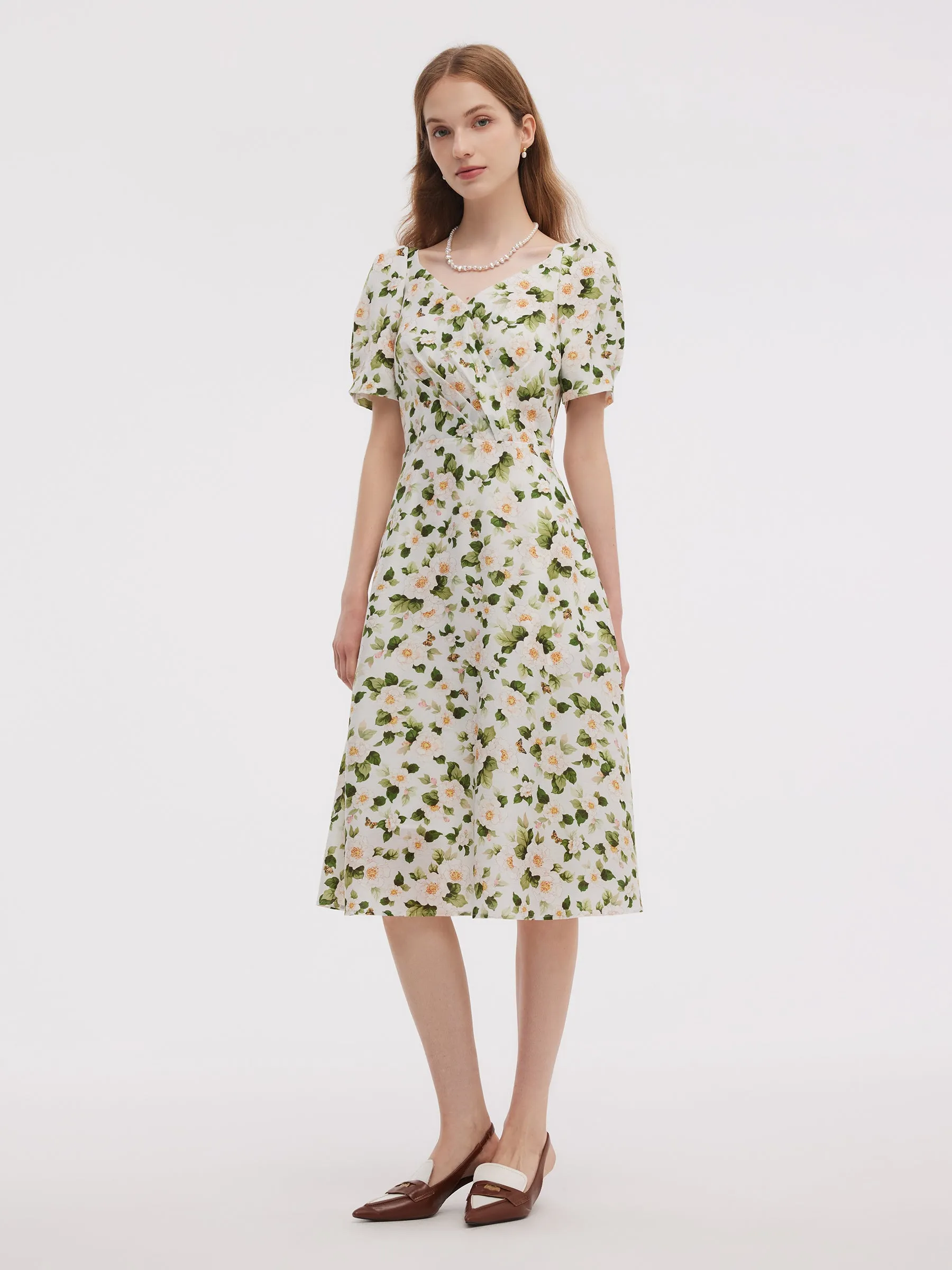 Acetate Blend Floral Print Women V-Neck Midi Dress With Belt sold by Goelia product image thumbnail 3
