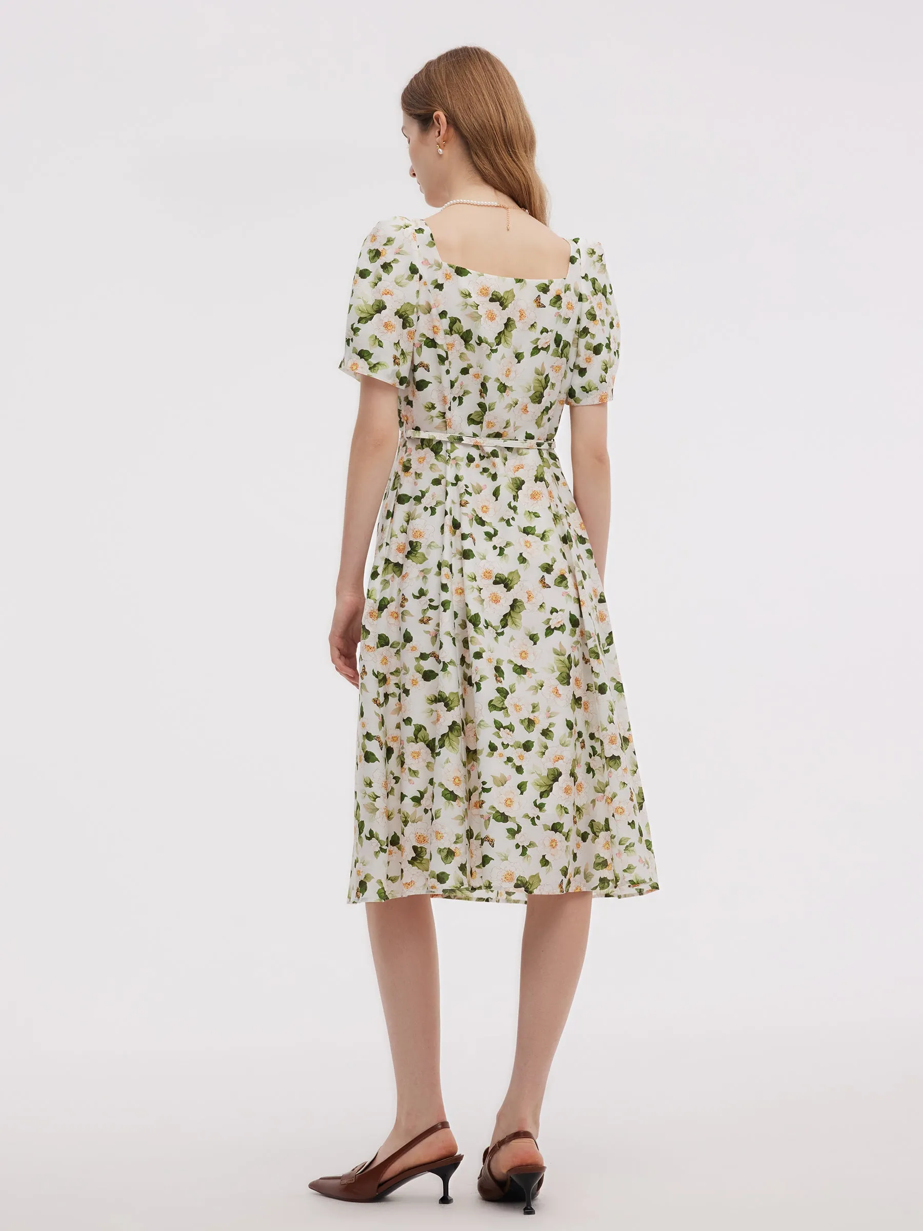 Acetate Blend Floral Print Women V-Neck Midi Dress With Belt sold by Goelia product image thumbnail 4