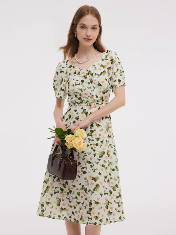 Acetate Blend Floral Print Women V-Neck Midi Dress With Belt sold by Goelia