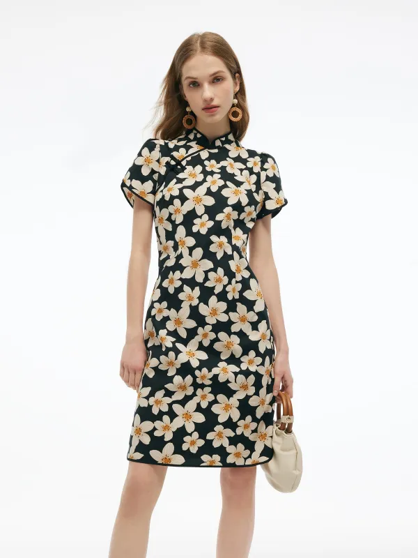 Cotton Floral Print Women Qipao Mini Dress sold by Goelia