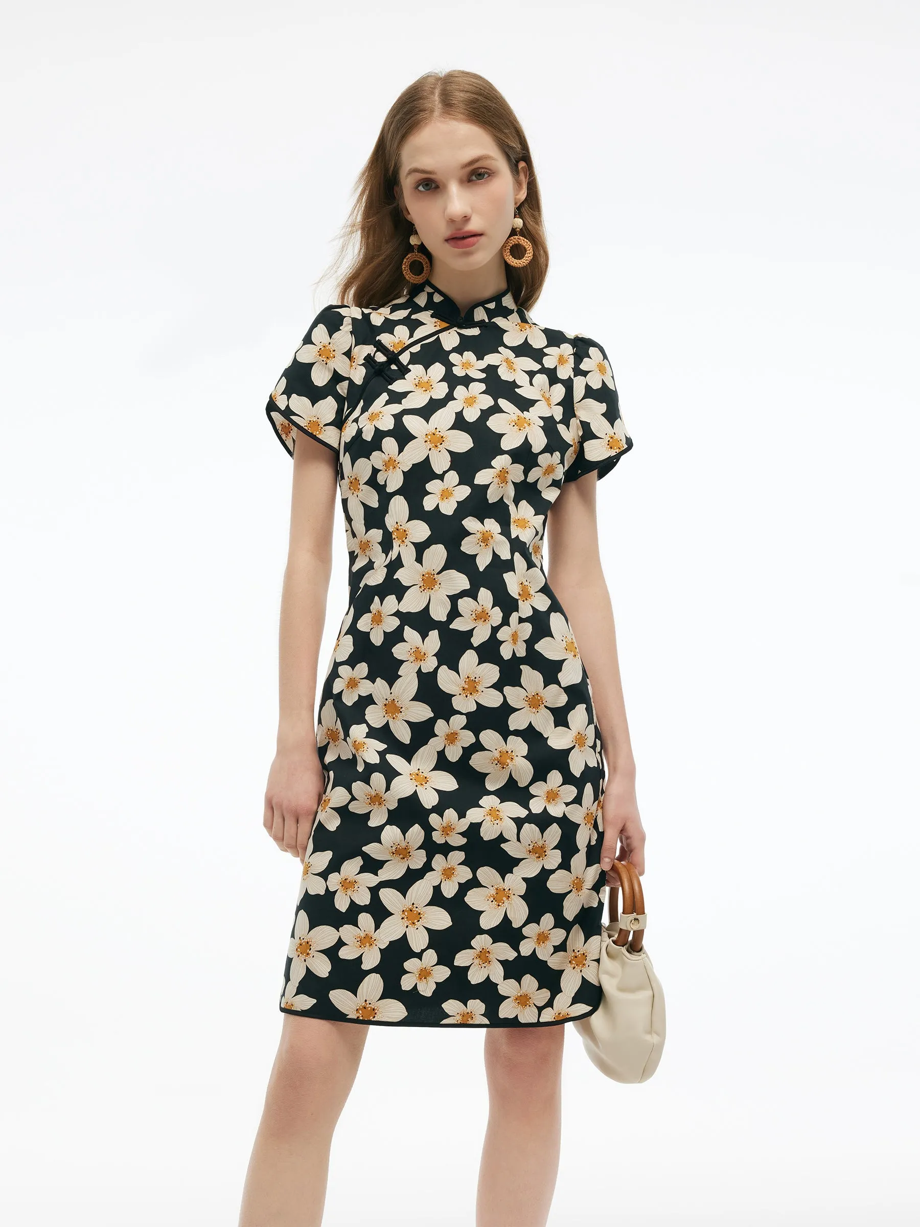 Cotton Floral Print Women Qipao Mini Dress sold by Goelia