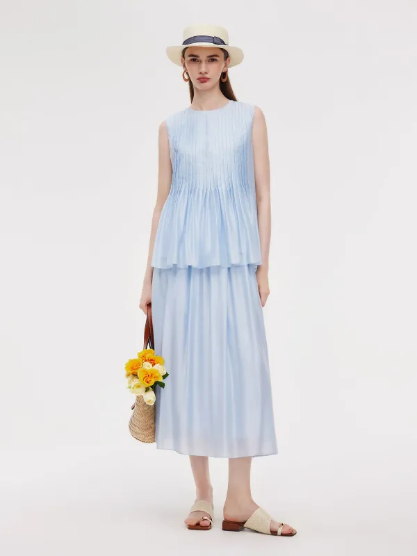 Tencel Blend Accordion Pleated Sleeveless Top And Skirt Two-Piece Set sold by Goelia