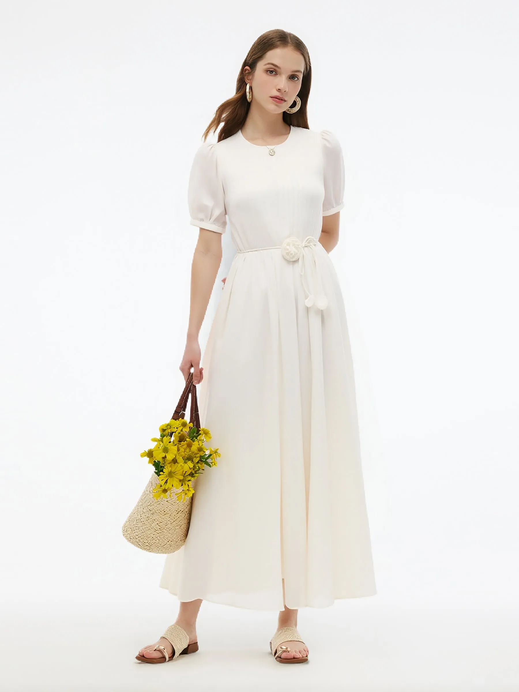 Tencel Blend Pleated Women Loose A-Line Maxi Dress sold by Goelia