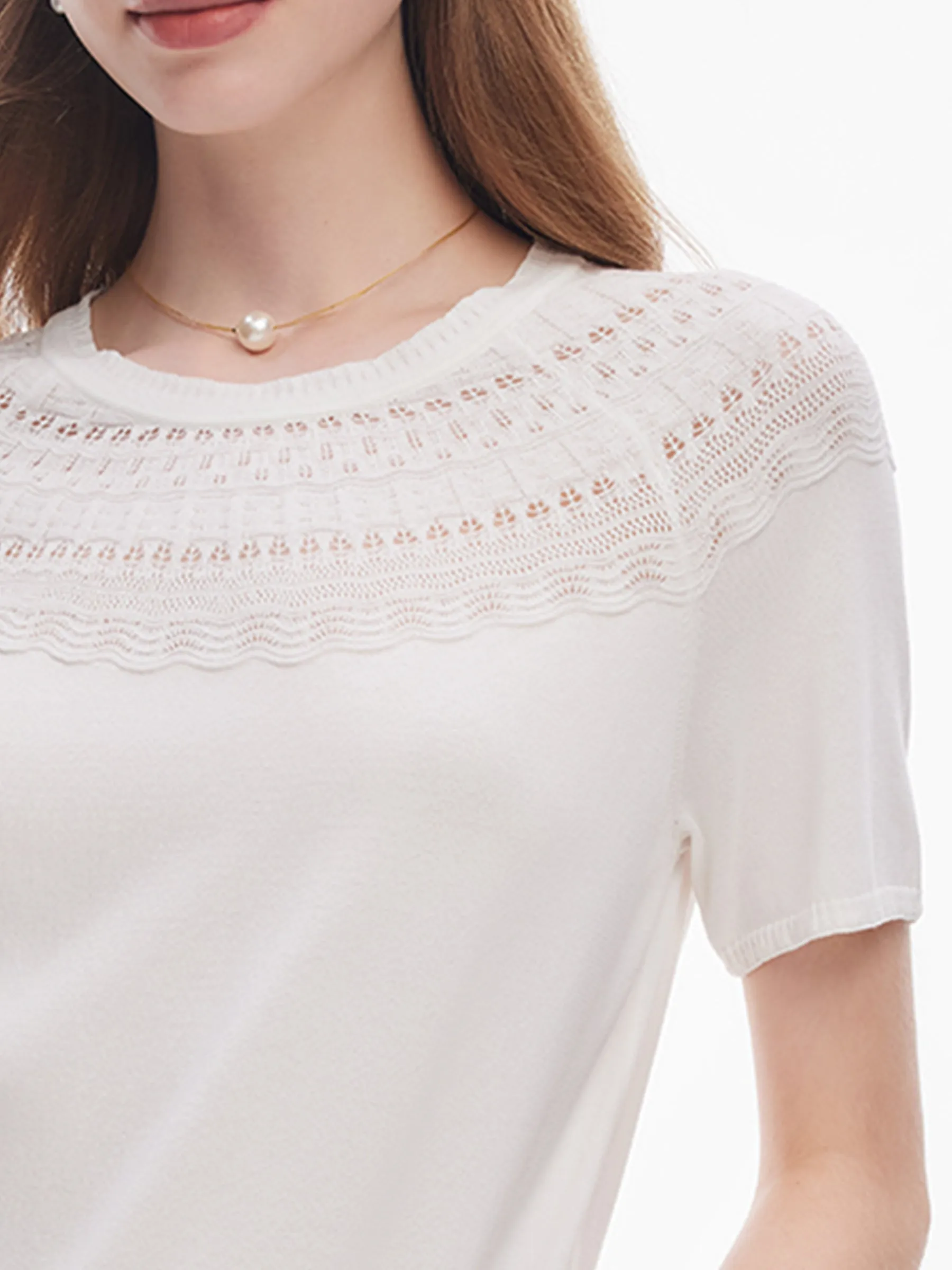 Tencel Blend Openwork Women Ruffle Round Neck Knit Top sold by Goelia product image thumbnail 5