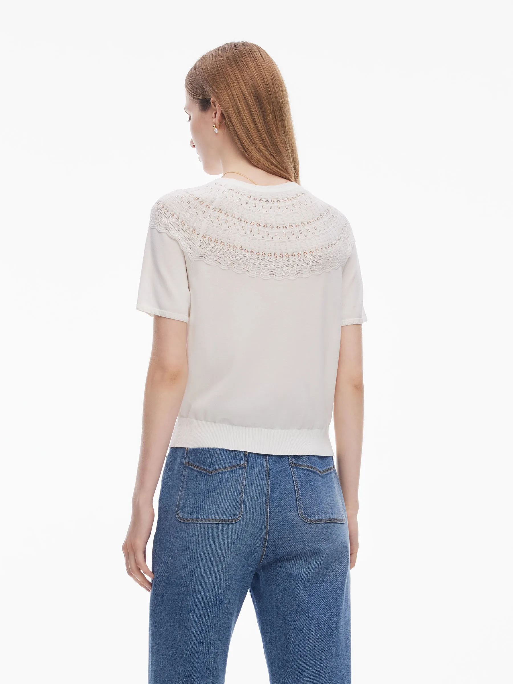 Tencel Blend Openwork Women Ruffle Round Neck Knit Top sold by Goelia product image thumbnail 4