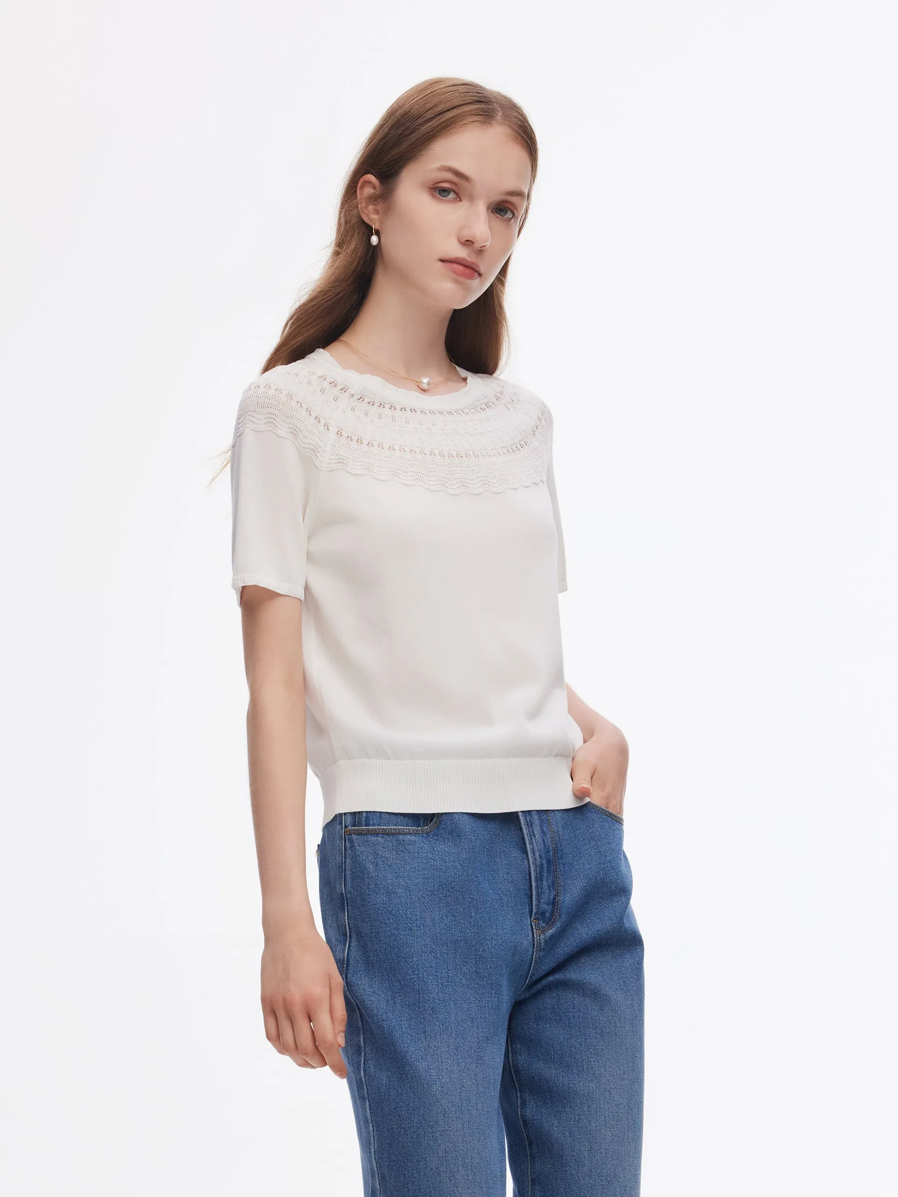 Tencel Blend Openwork Women Ruffle Round Neck Knit Top sold by Goelia product image thumbnail 2