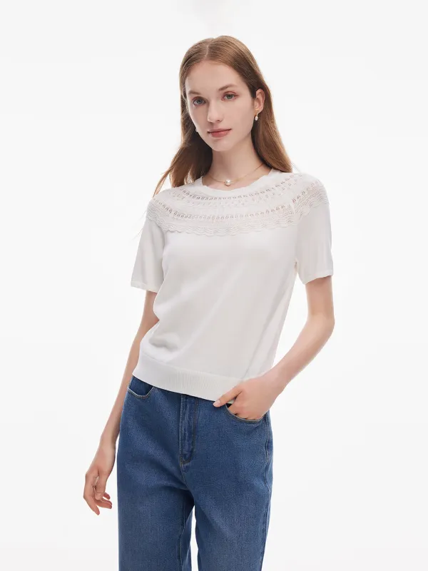 Tencel Blend Openwork Women Ruffle Round Neck Knit Top sold by Goelia
