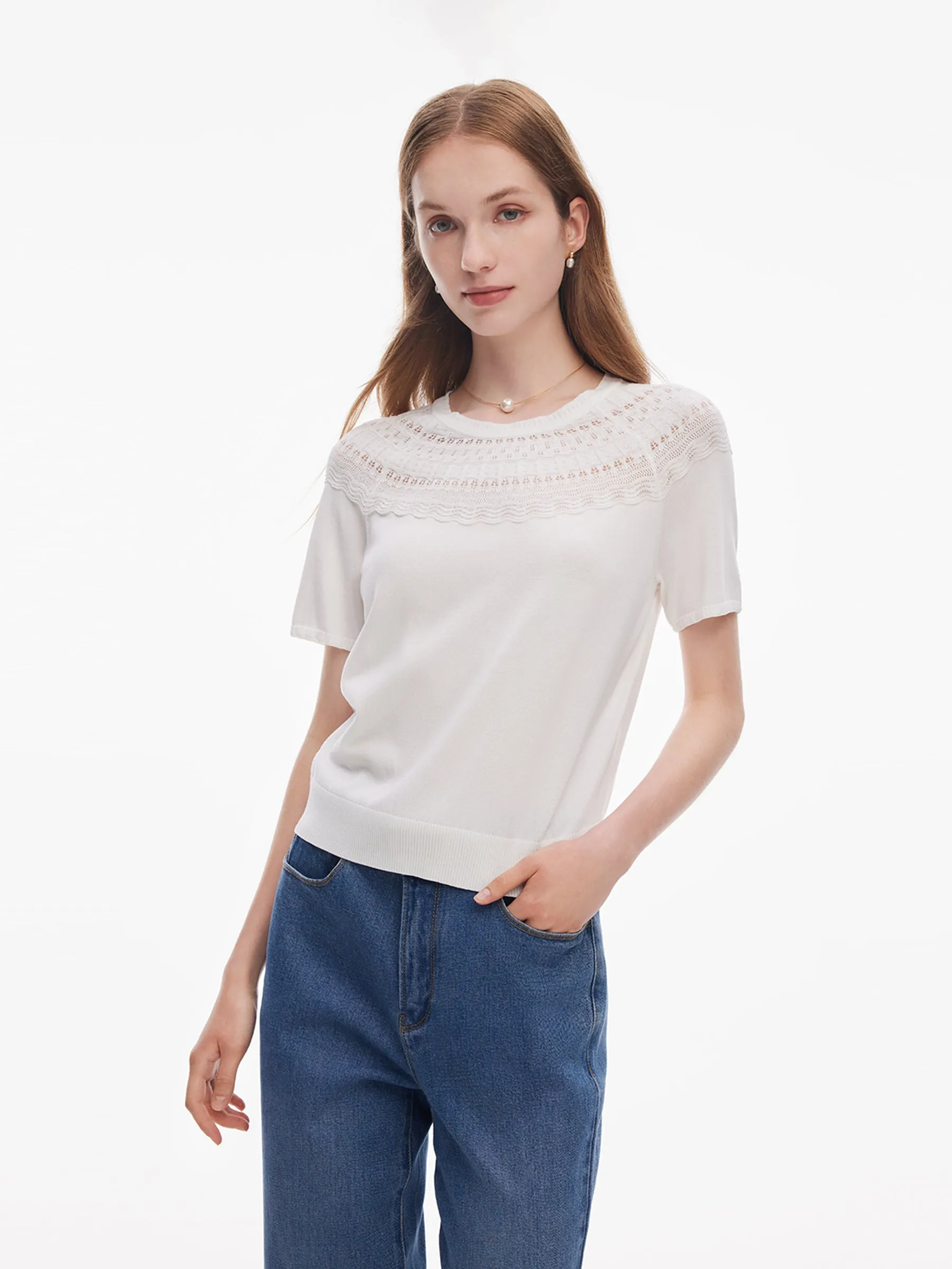 Tencel Blend Openwork Women Ruffle Round Neck Knit Top sold by Goelia