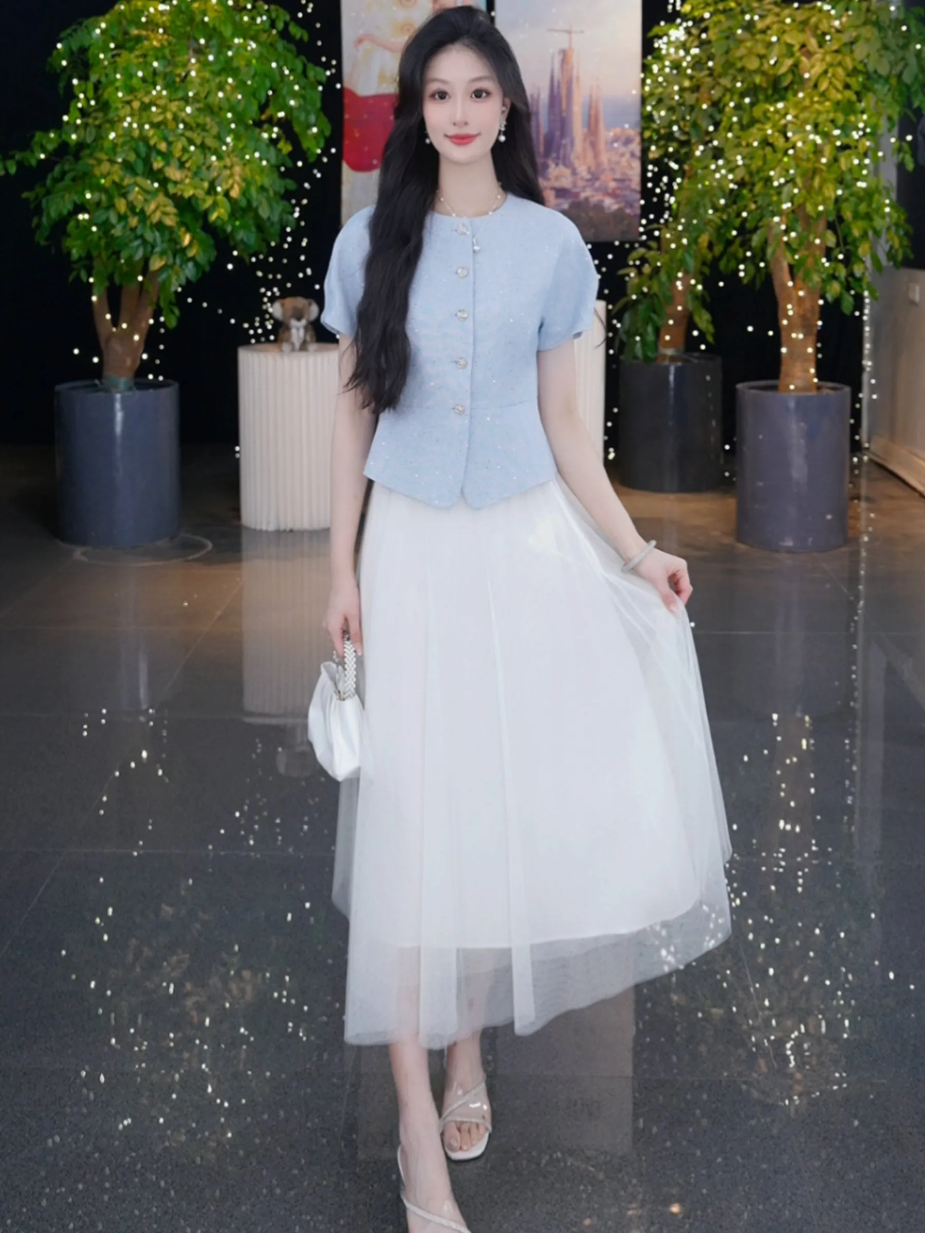 Acetate Blend Tweed Sequins Crop Jacket And Mesh Skirt Two-Piece Set sold by Goelia product image thumbnail 3