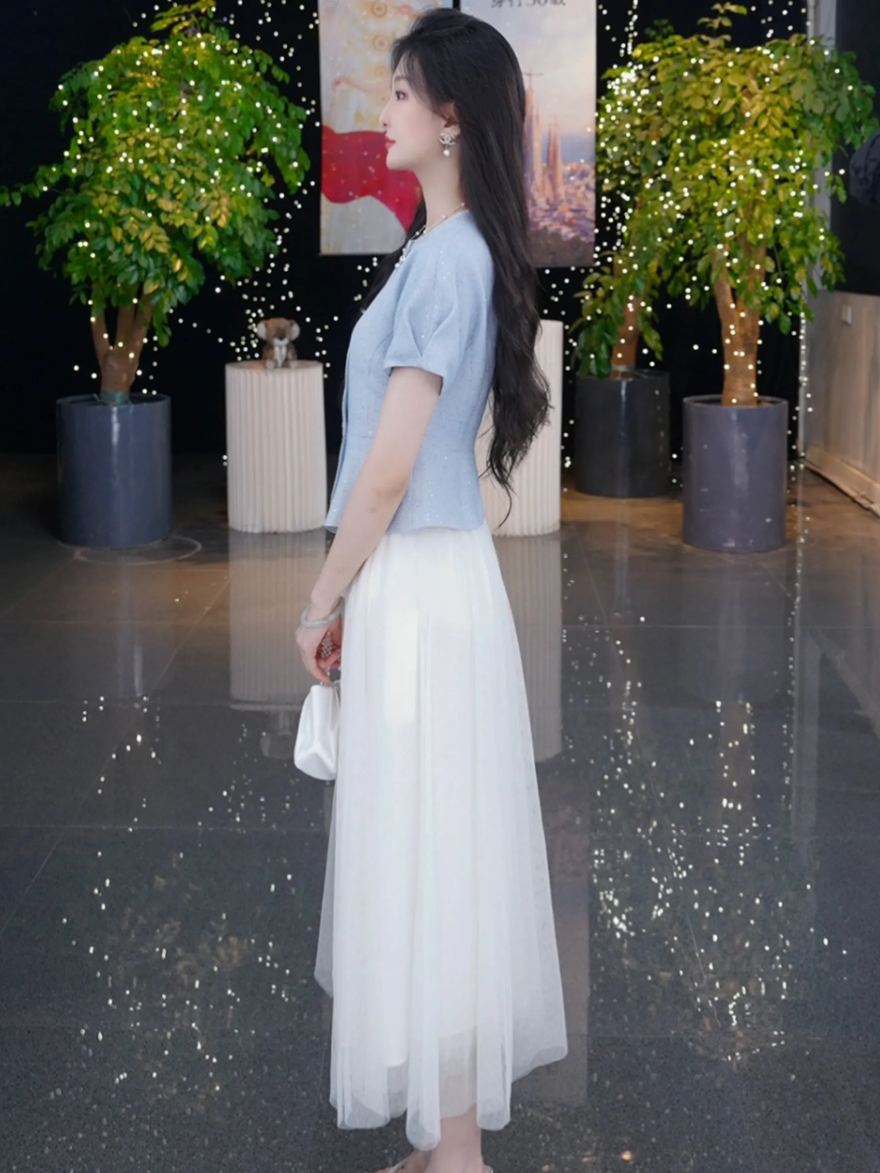 Acetate Blend Tweed Sequins Crop Jacket And Mesh Skirt Two-Piece Set sold by Goelia product image thumbnail 4