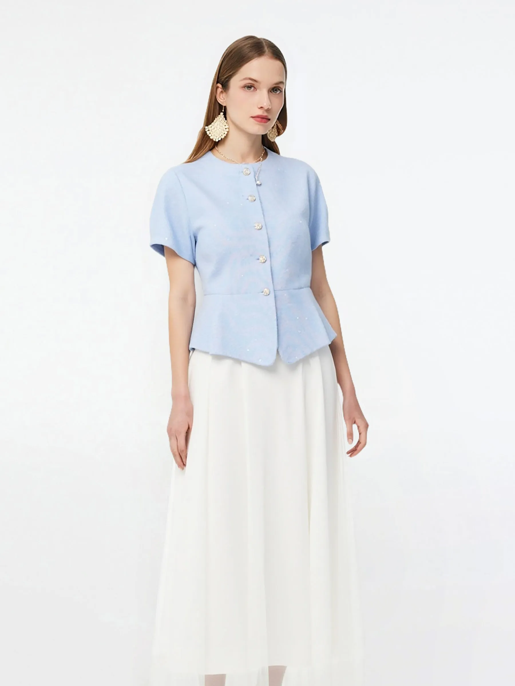 Acetate Blend Tweed Sequins Crop Jacket And Mesh Skirt Two-Piece Set sold by Goelia