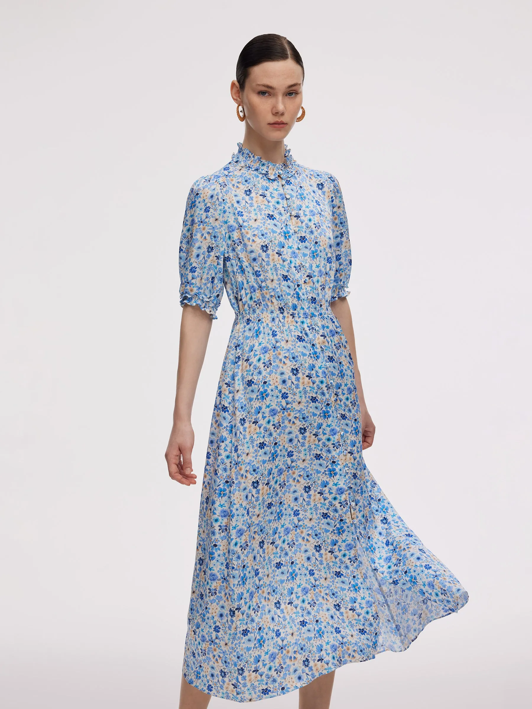 19MM Mulberry Silk Floral Print Ruffle Collar Maxi Dress sold by Goelia