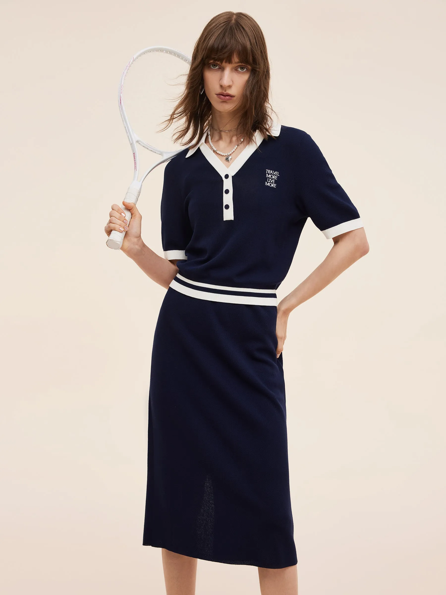 Tencel Blend Contrast Trim Knit Top And Skirt Two-Piece Set sold by Goelia