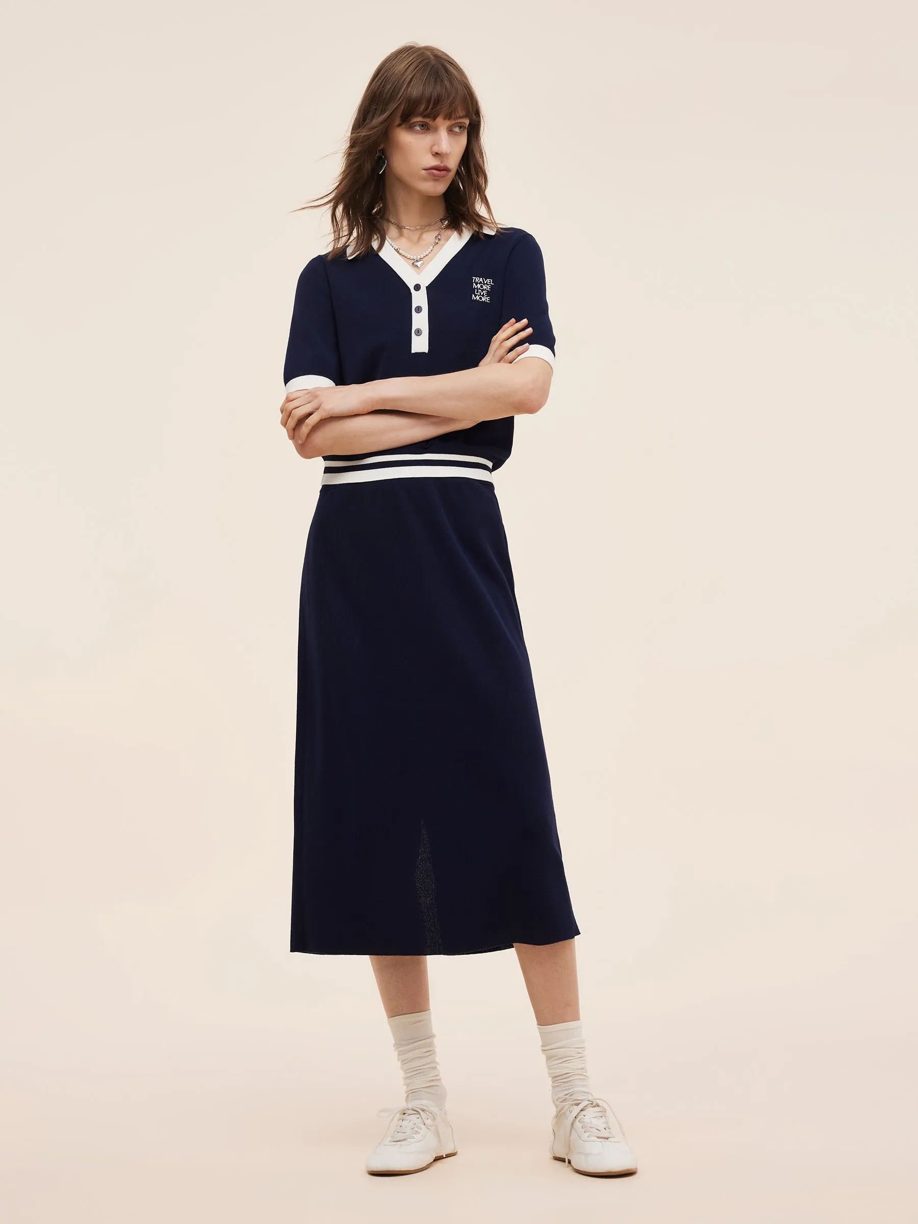Tencel Blend Contrast Trim Knit Top And Skirt Two-Piece Set sold by Goelia product image thumbnail 2
