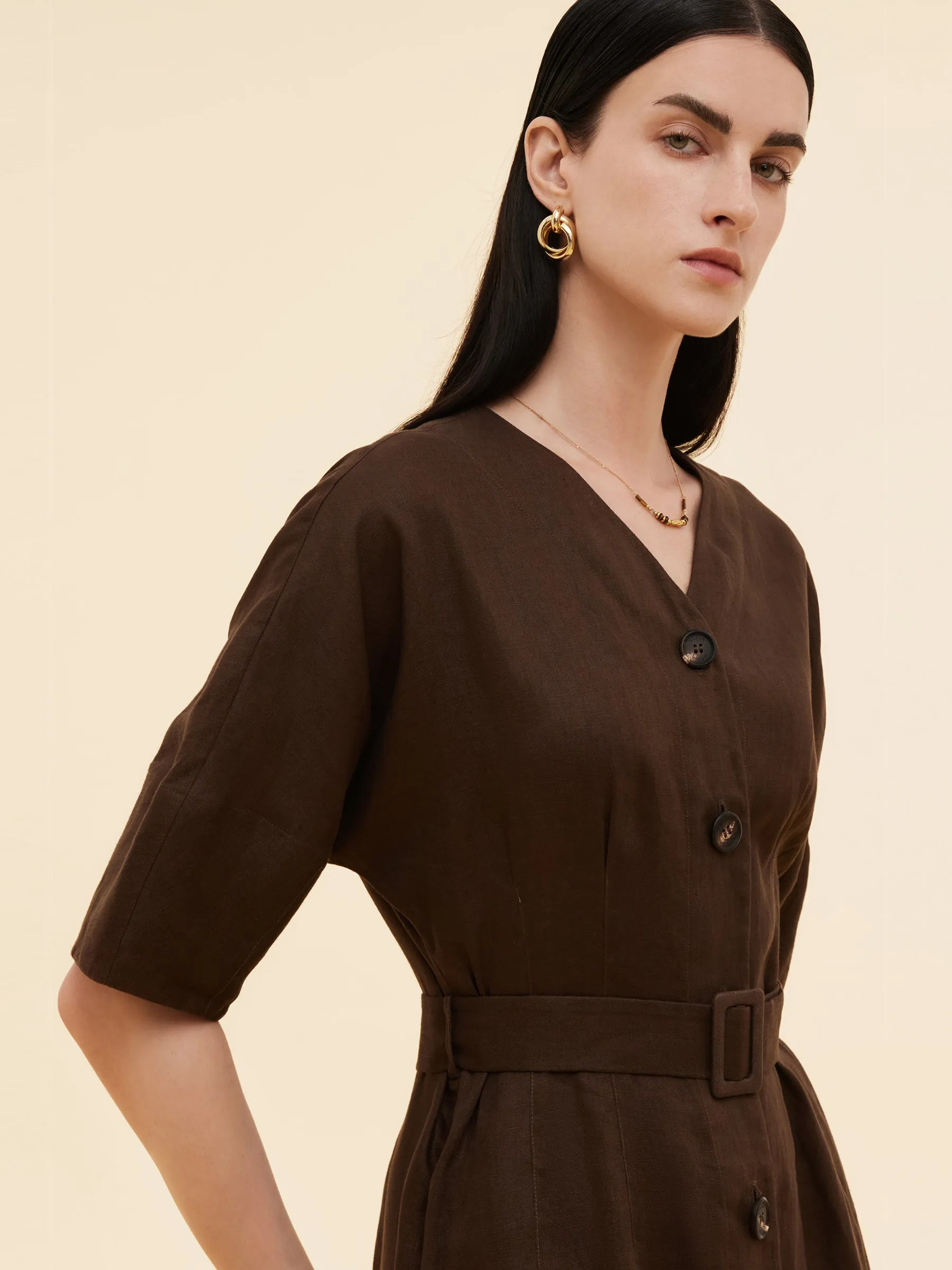 100% Linen Women V-Neck Midi Dress With Belt sold by Goelia product image thumbnail 5