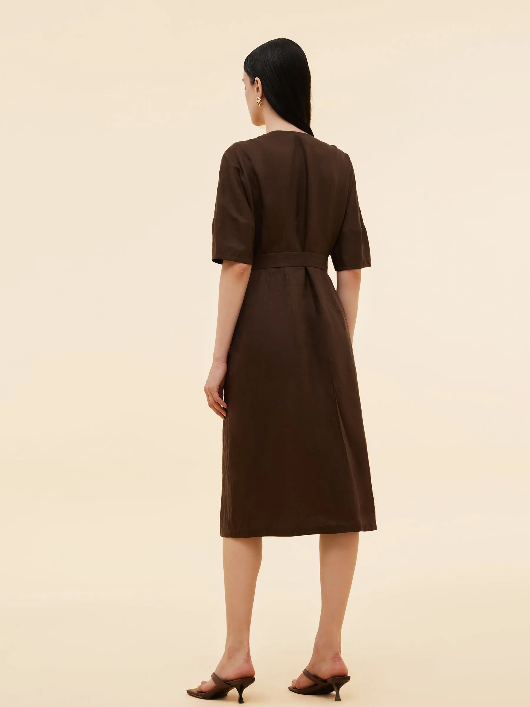 100% Linen Women V-Neck Midi Dress With Belt sold by Goelia product image thumbnail 3