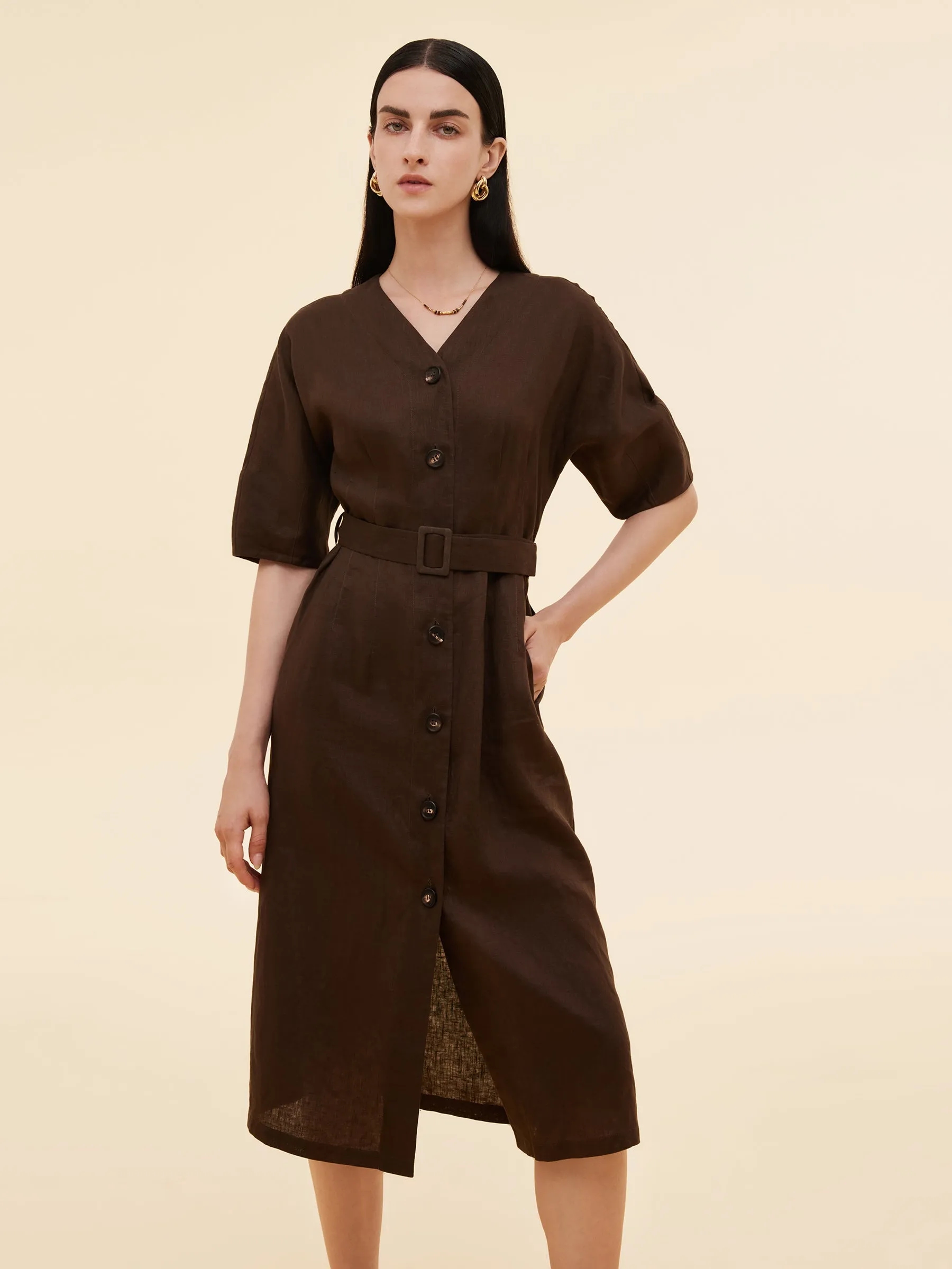 100% Linen Women V-Neck Midi Dress With Belt sold by Goelia