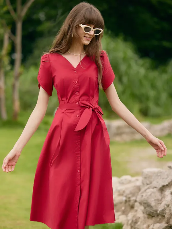 Petal Sleeves Gathered Waist V-Neck Women Midi Dress With Belt sold by Goelia