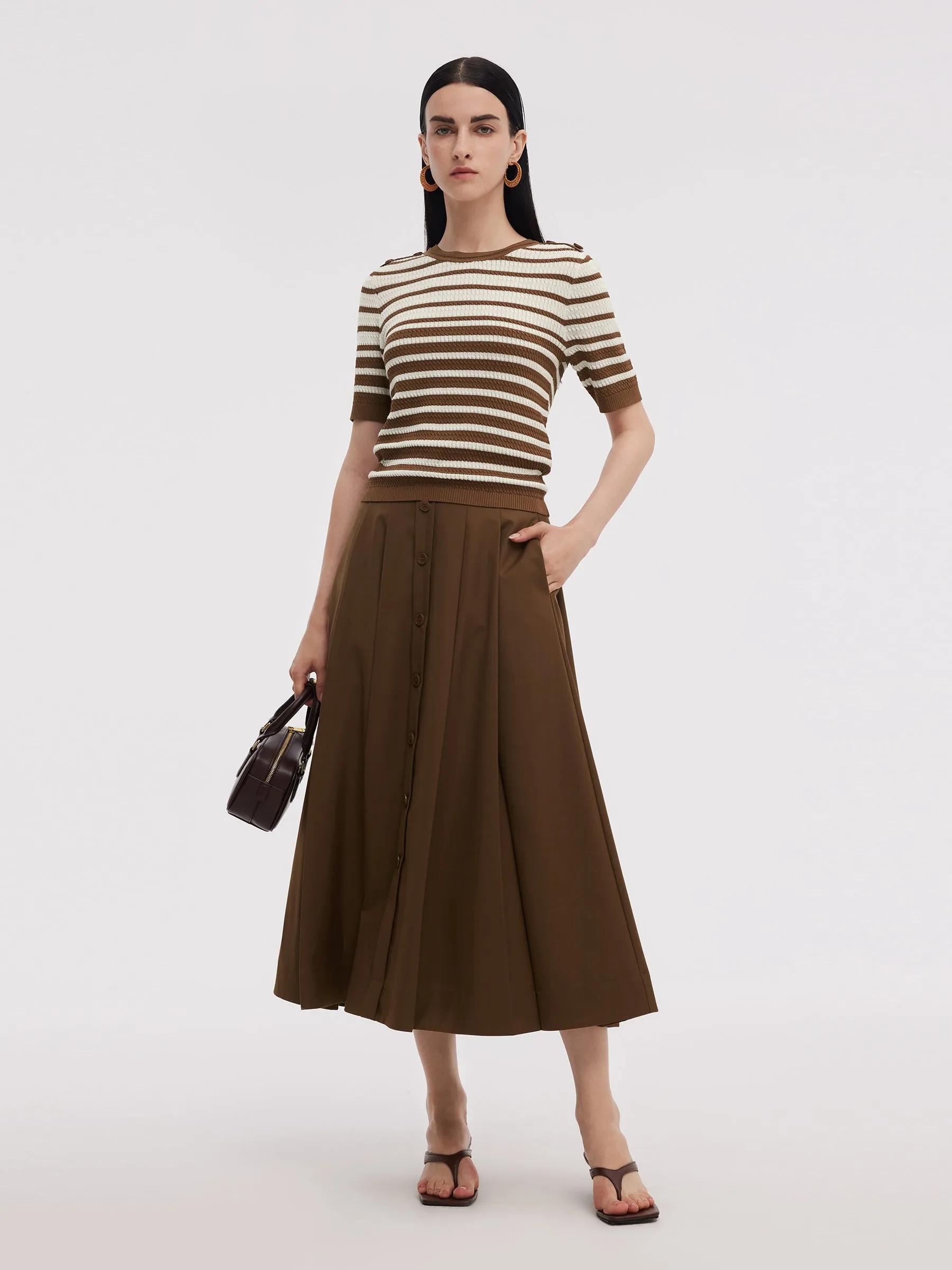 Stripe Knit Top And A-Line Skirt Two-Piece Set sold by Goelia