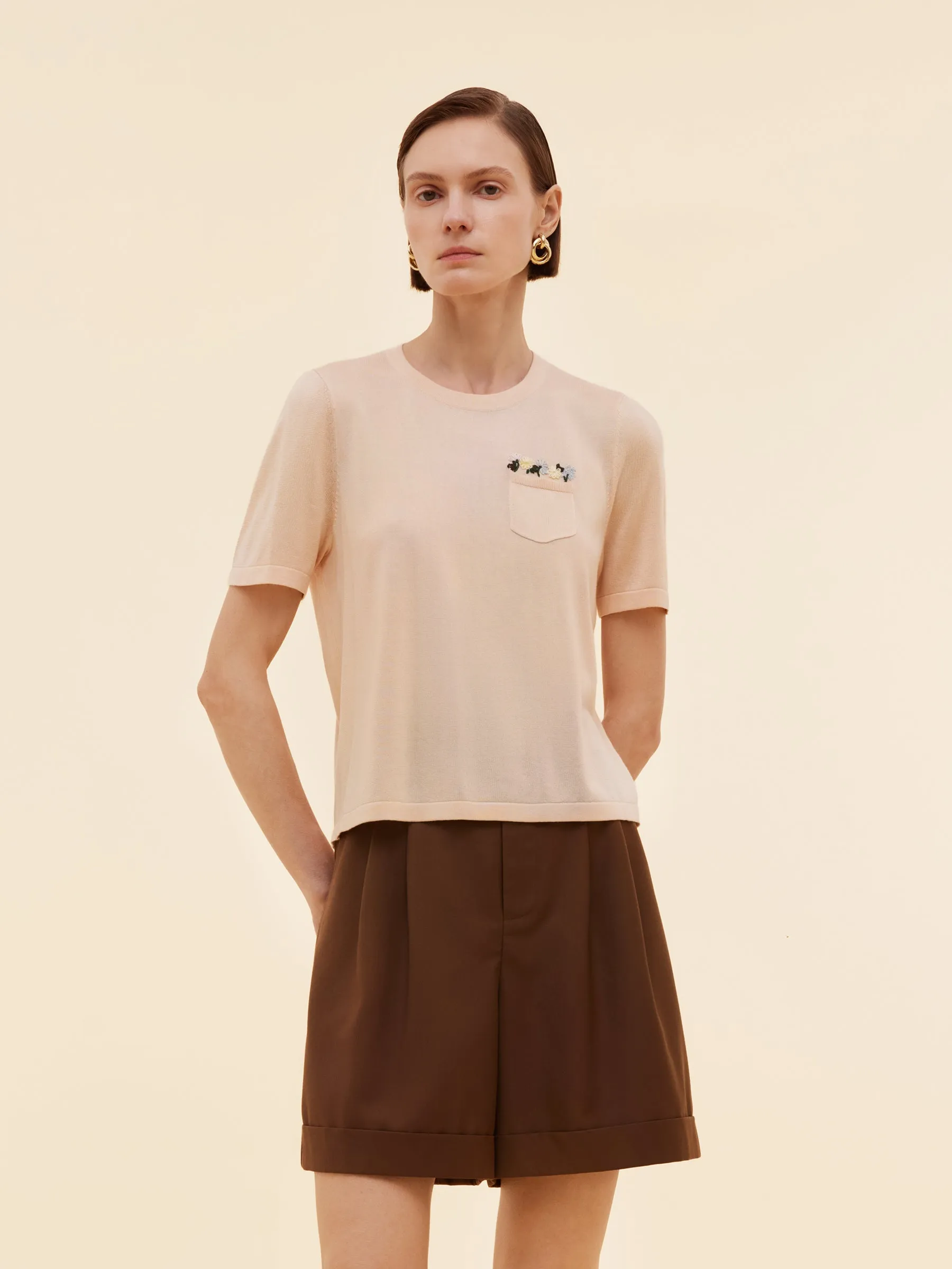 Tencel Acetate Blend Floral Embroidered Women Knit T-Shirt sold by Goelia product image thumbnail 5