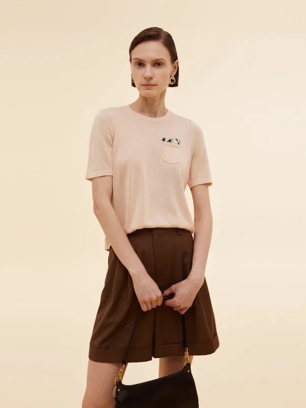 Tencel Acetate Blend Floral Embroidered Women Knit T-Shirt sold by Goelia