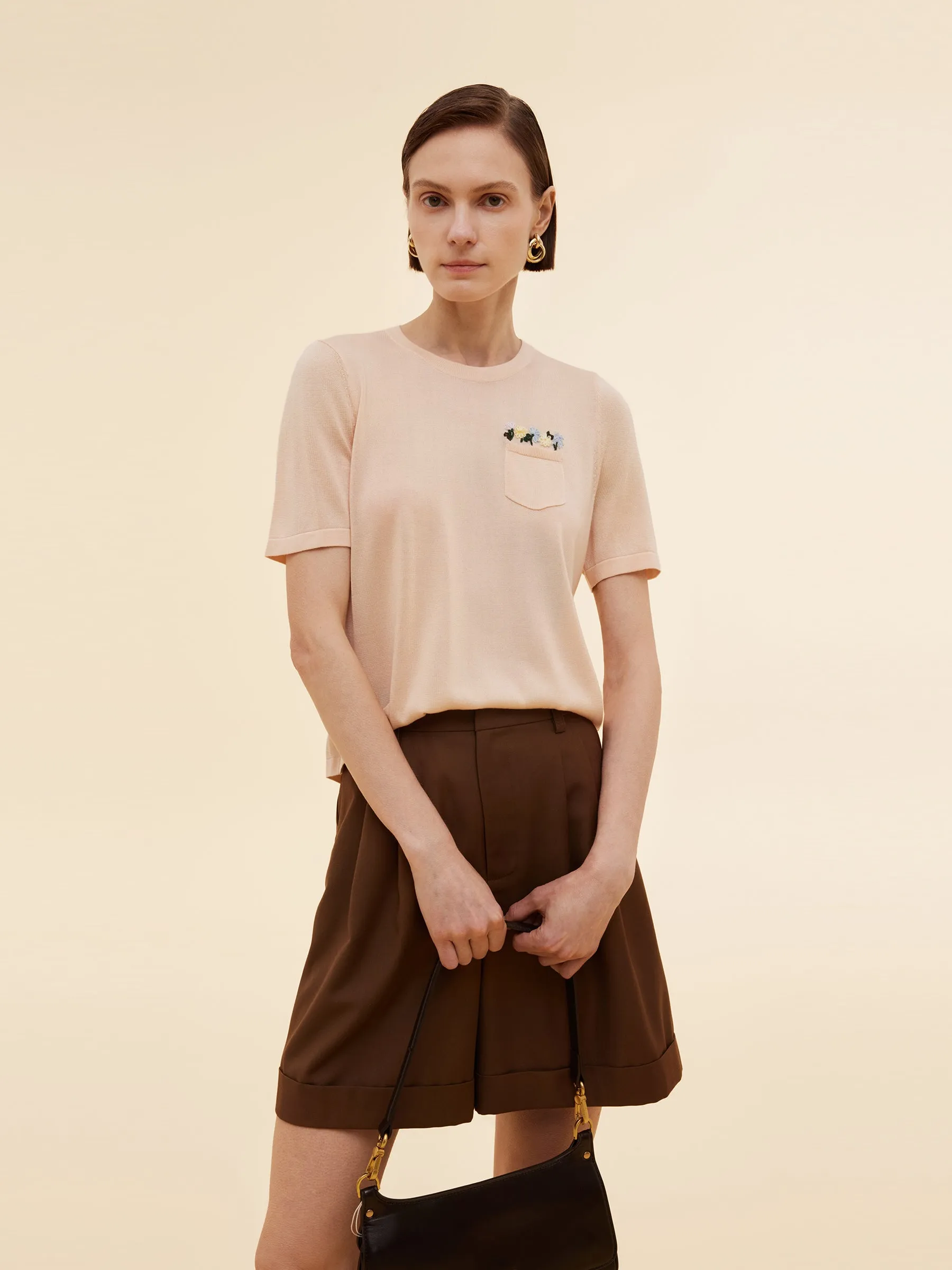 Tencel Acetate Blend Floral Embroidered Women Knit T-Shirt sold by Goelia