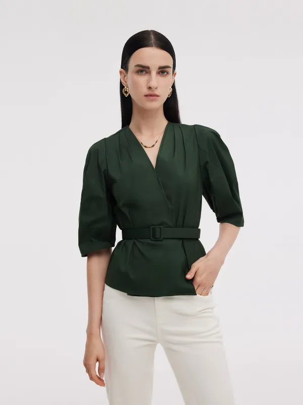 Dark Green V-Neck Women Blouse With Belt made by Goelia