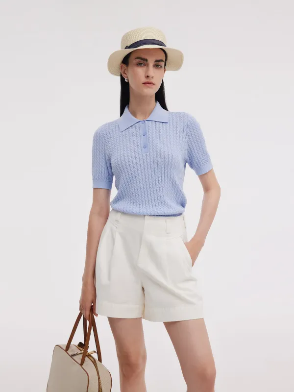 Tencel Blend Openwork Women Knit Polo Top sold by Goelia