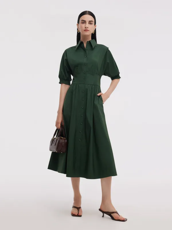 Dark Green Gathered Waist Women Maxi Shirt Dress sold by Goelia