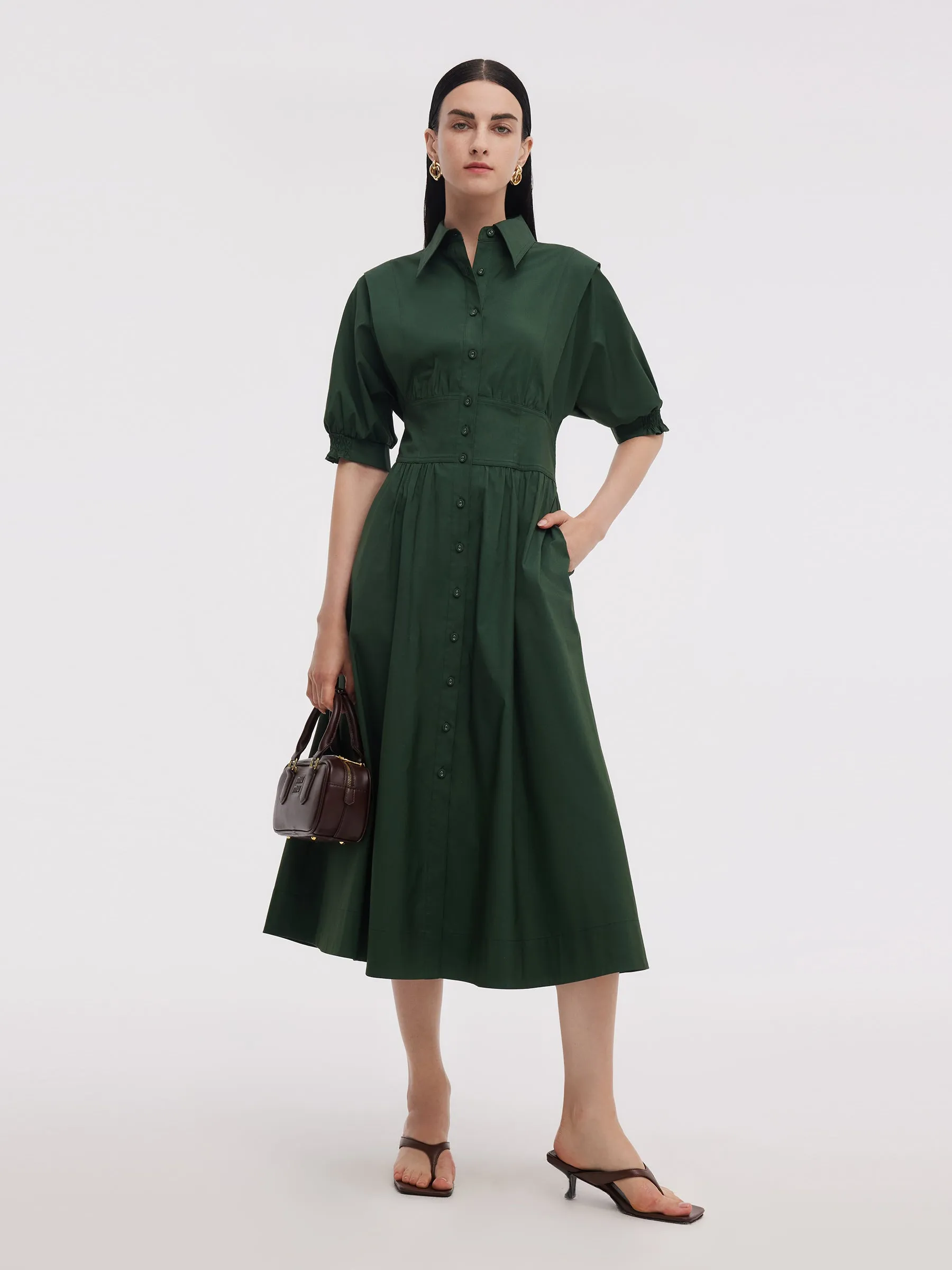 Dark Green Gathered Waist Women Maxi Shirt Dress sold by Goelia