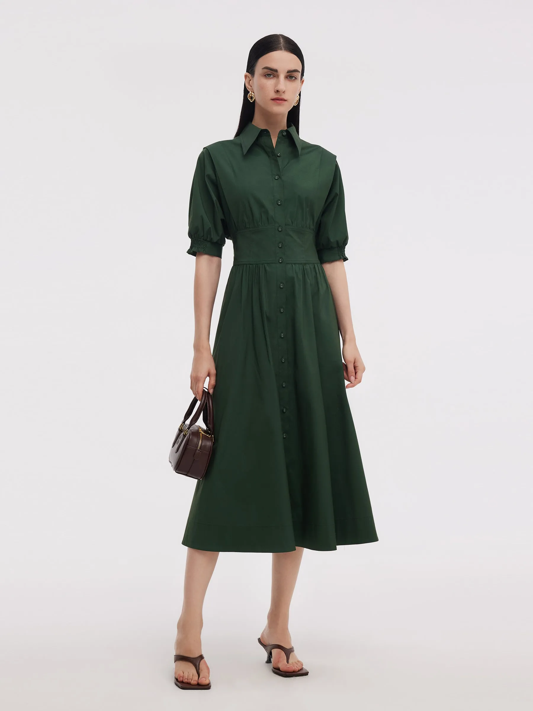 Dark Green Gathered Waist Women Maxi Shirt Dress sold by Goelia product image thumbnail 2