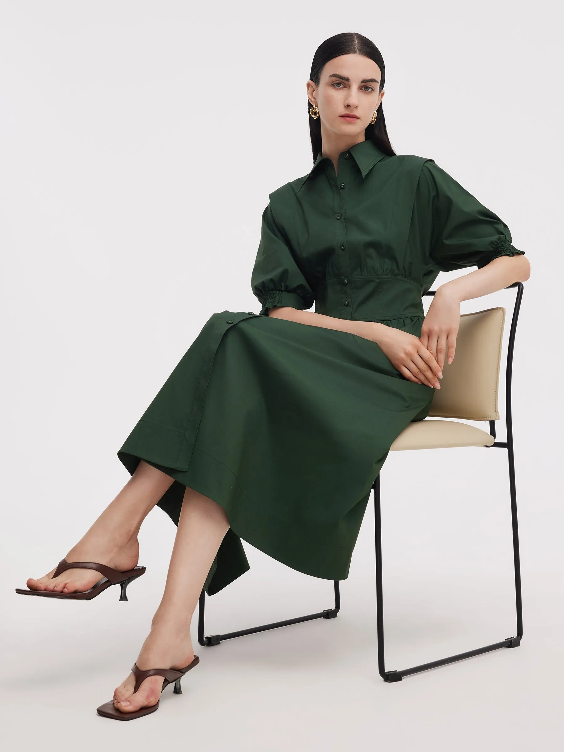 Dark Green Gathered Waist Women Maxi Shirt Dress sold by Goelia product image thumbnail 4