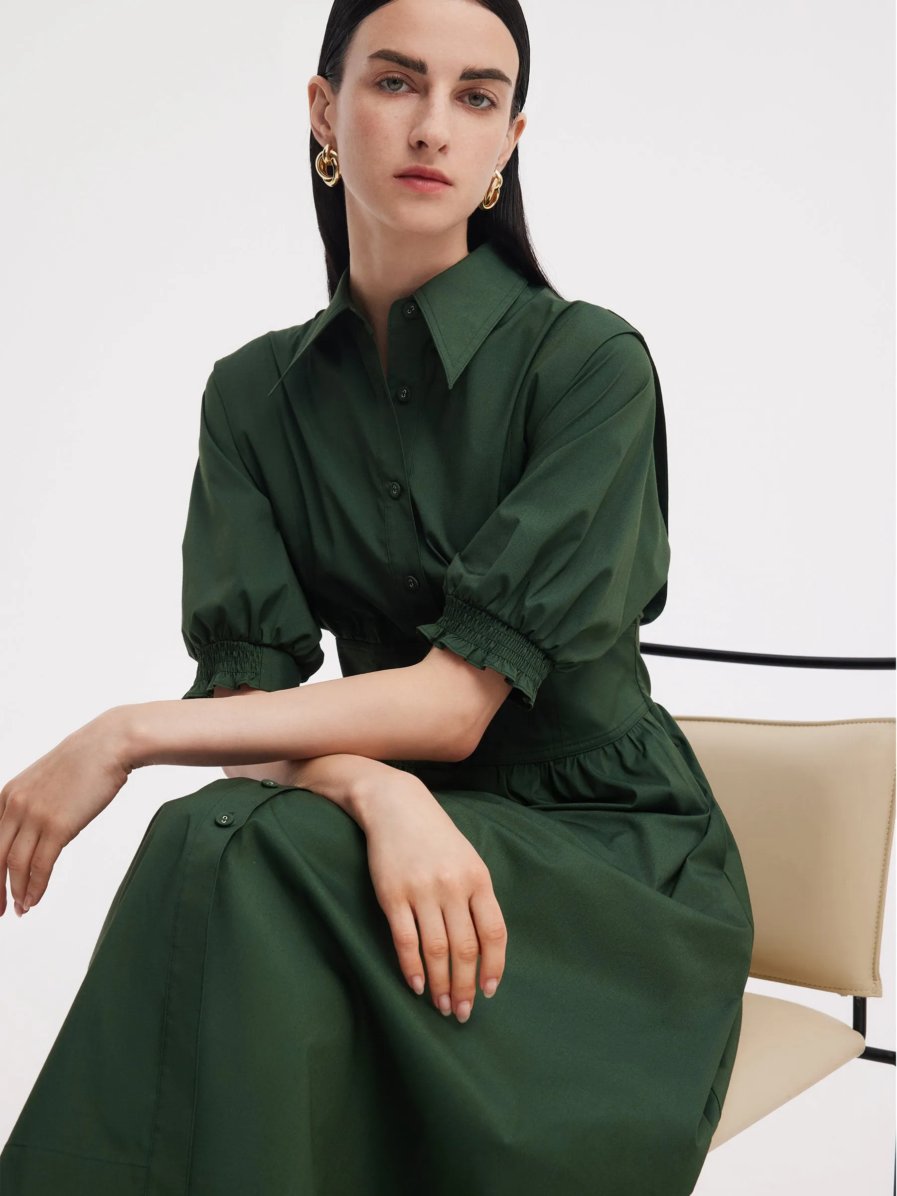 Dark Green Gathered Waist Women Maxi Shirt Dress sold by Goelia product image thumbnail 5