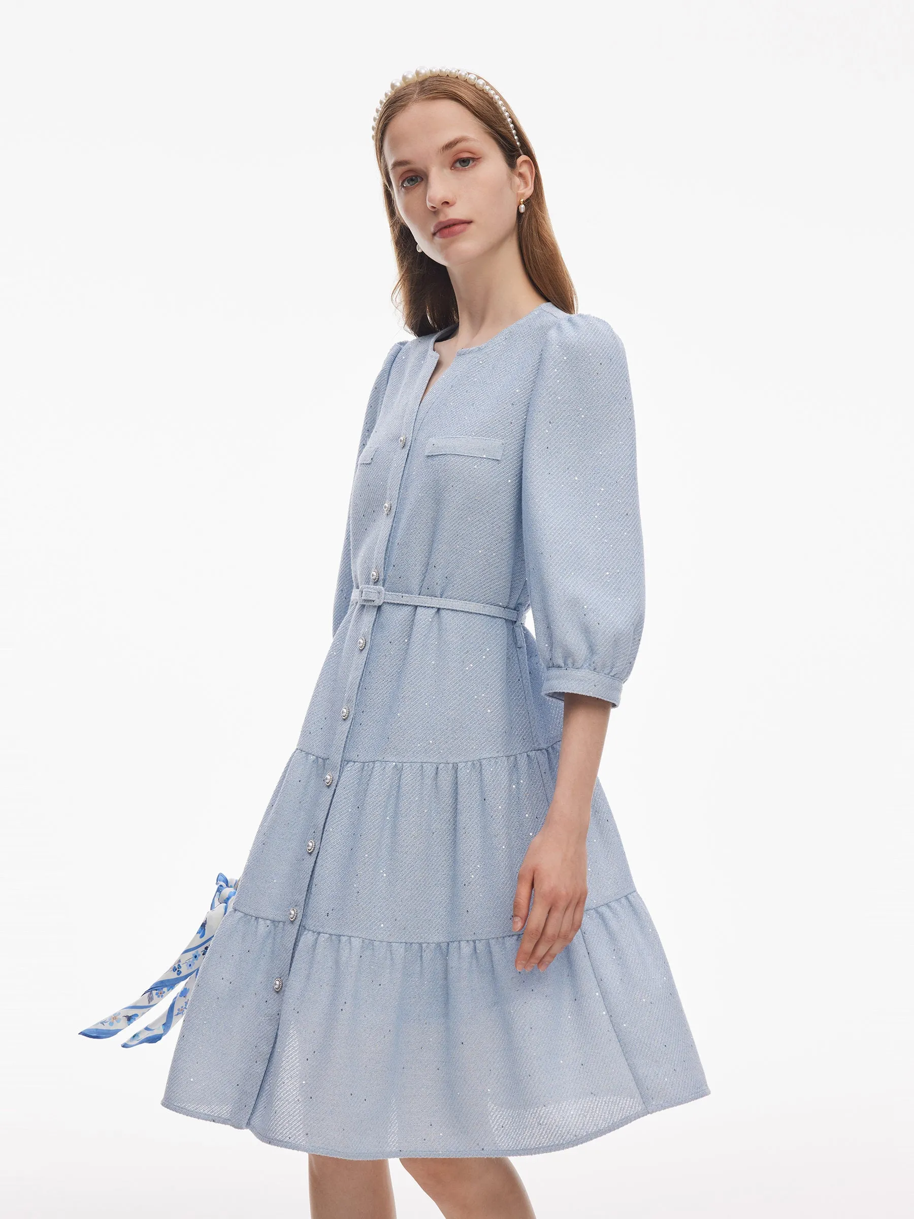 Acetate Blend Tweed Sequins Women Midi Dress With Belt sold by Goelia product image thumbnail 5