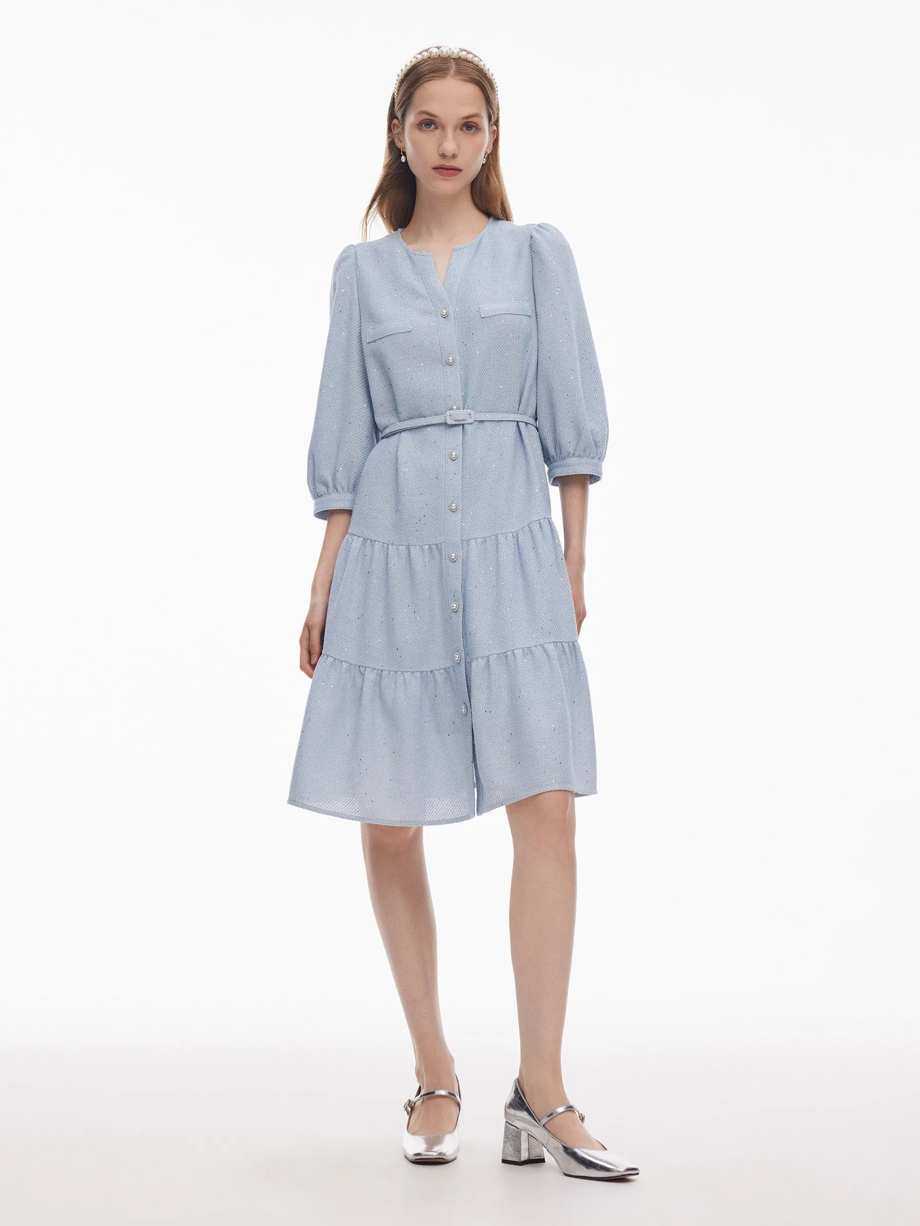 Acetate Blend Tweed Sequins Women Midi Dress With Belt sold by Goelia product image thumbnail 2