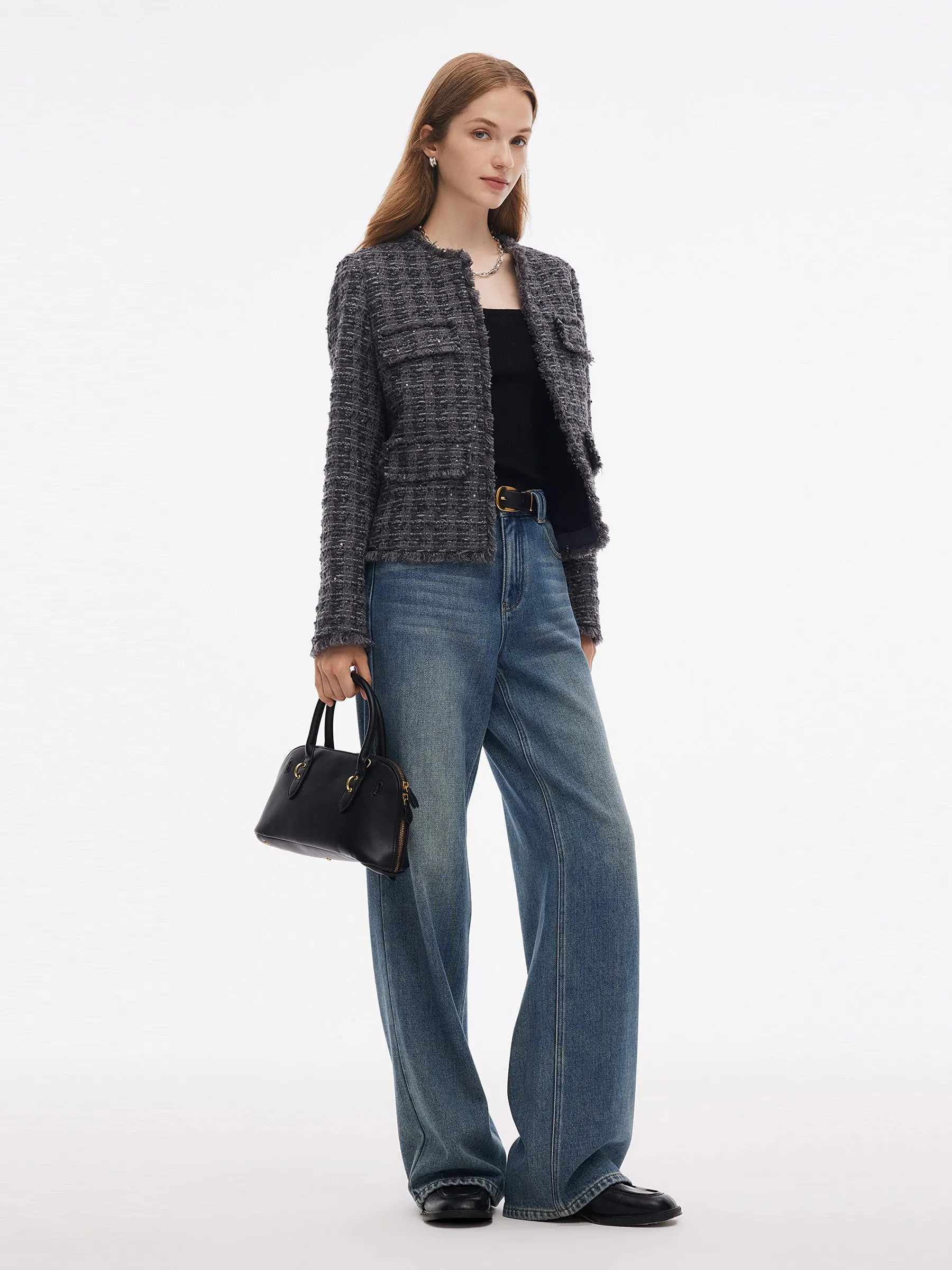 Wool Blend Sequins Tweed Women Frayed Edge Crop Jacket sold by Goelia product image thumbnail 2