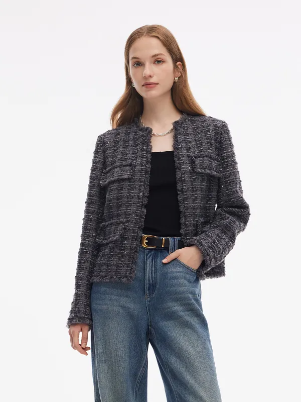 Wool Blend Sequins Tweed Women Frayed Edge Crop Jacket sold by Goelia